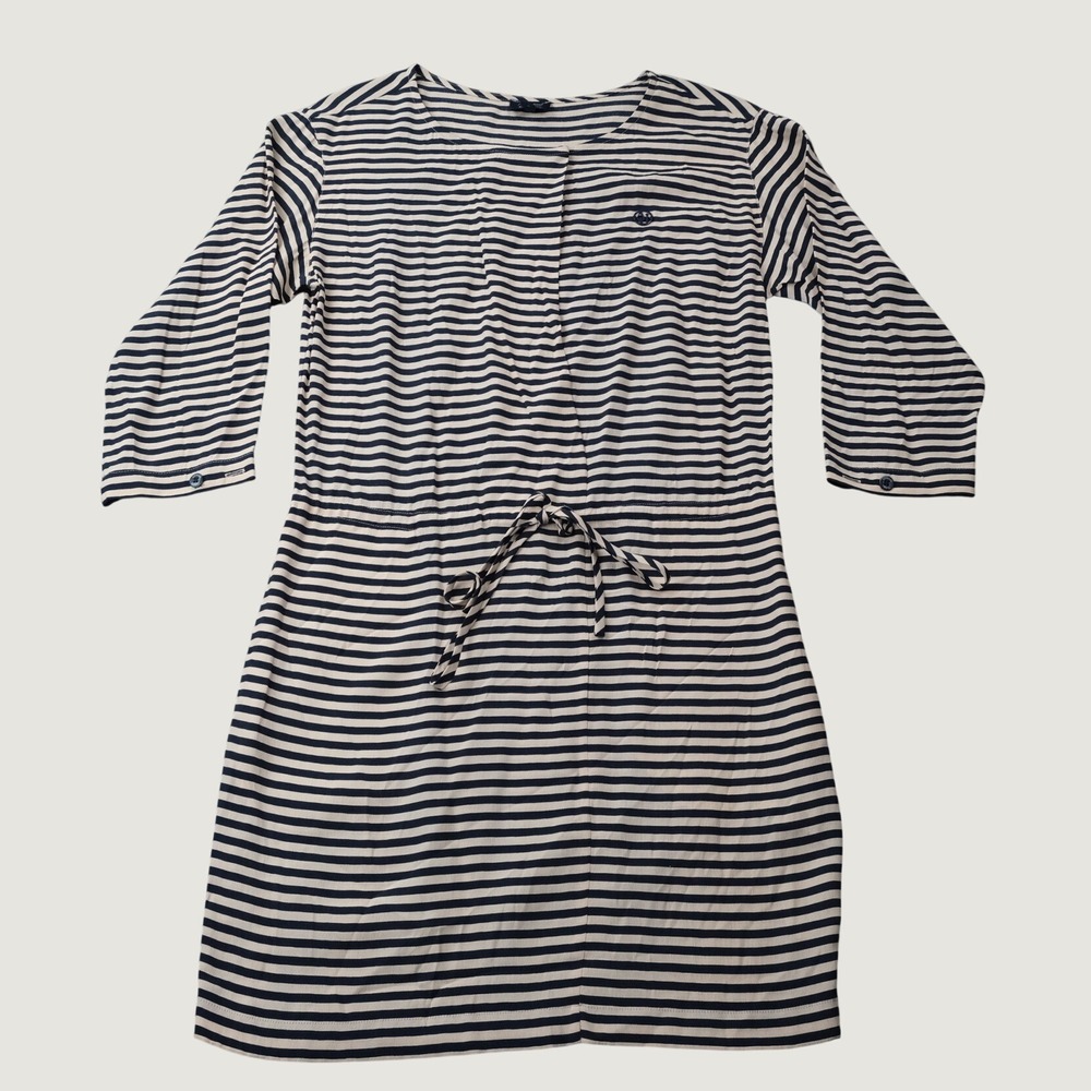 Armani Jeans Striped Dress Size 0 Navy Cream Viscose Drawstring Nautical
